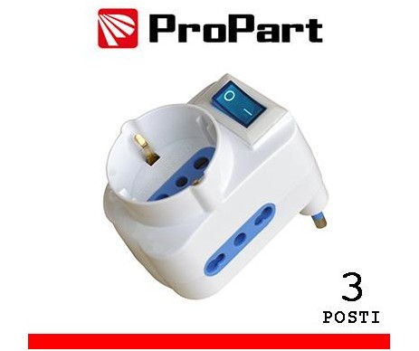 Adattatore 3pos bipasso/schuko spina16A salvaspazio + inter. Adattatore 3pos bipasso/schuko spina16A salvaspazio + inter.
