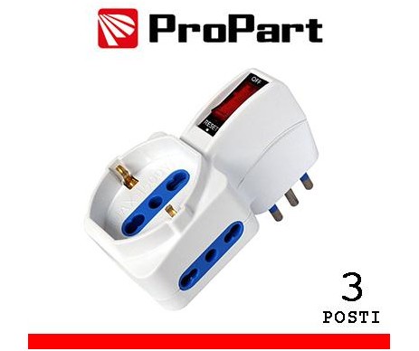 Adattatore 3pos bipasso/schuko spina10A salvaspazio + inter. Adattatore 3pos bipasso/schuko spina10A salvaspazio + inter.