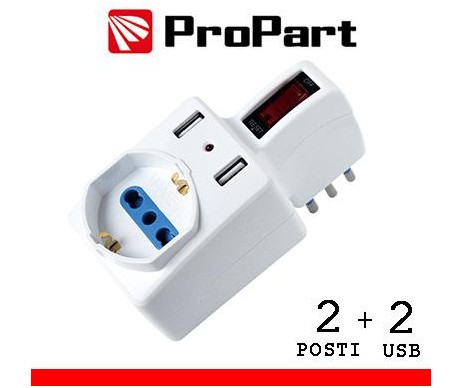 Adattatore 2pos bipasso/schuko +USB spina10A salvasp. + int. Adattatore 2pos bipasso/schuko +USB spina10A salvasp. + int.
