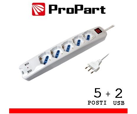 Multipresa 5pos bipasso/schuko + USB spina16A +interr.