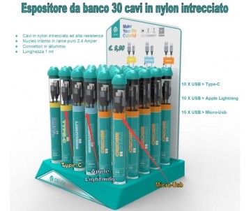 Espositore con 30 cavi 10 X Apple - Type-C - M-Usb